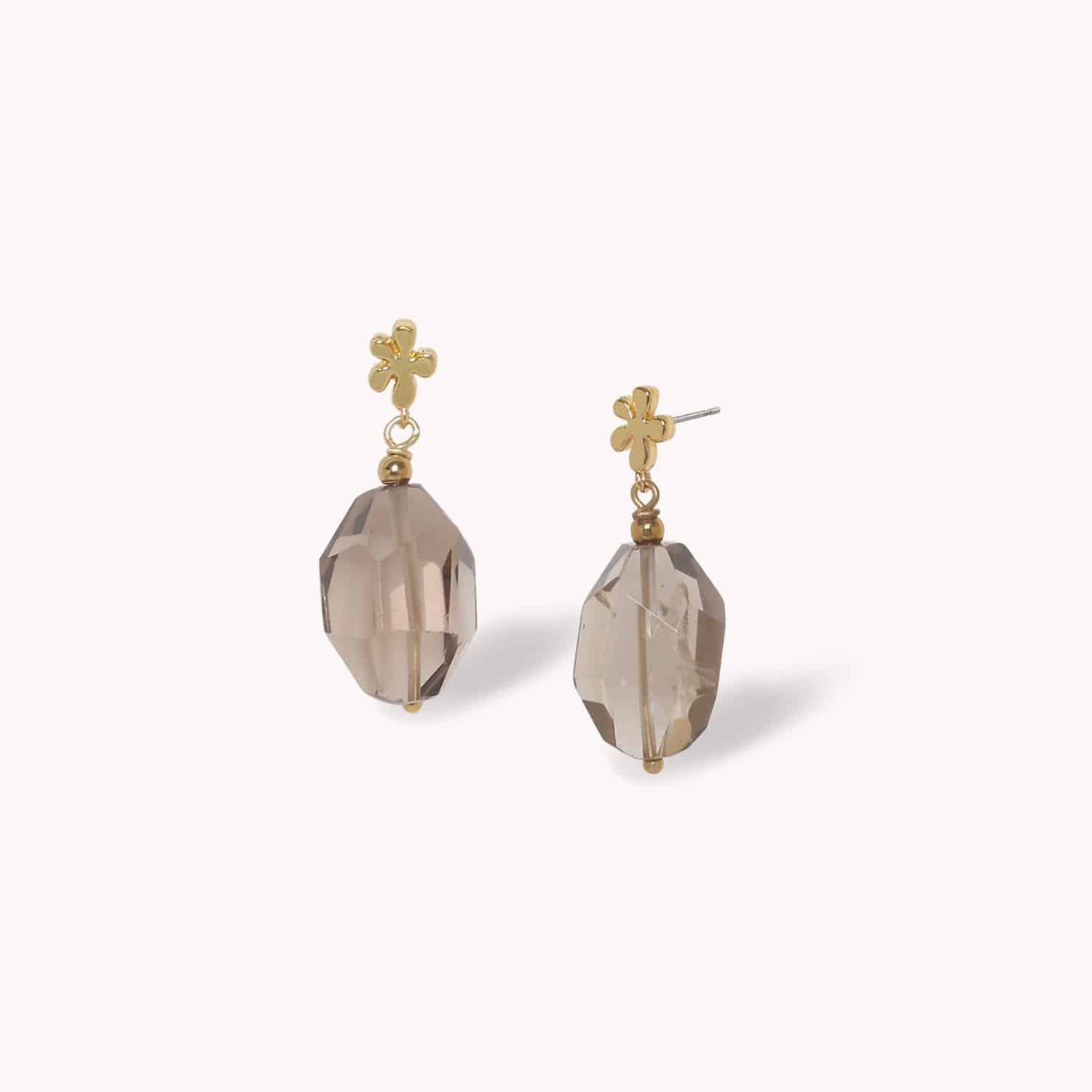 Boucles d\'oreilles poussoir quartz fumé brut - Belle de Nuit