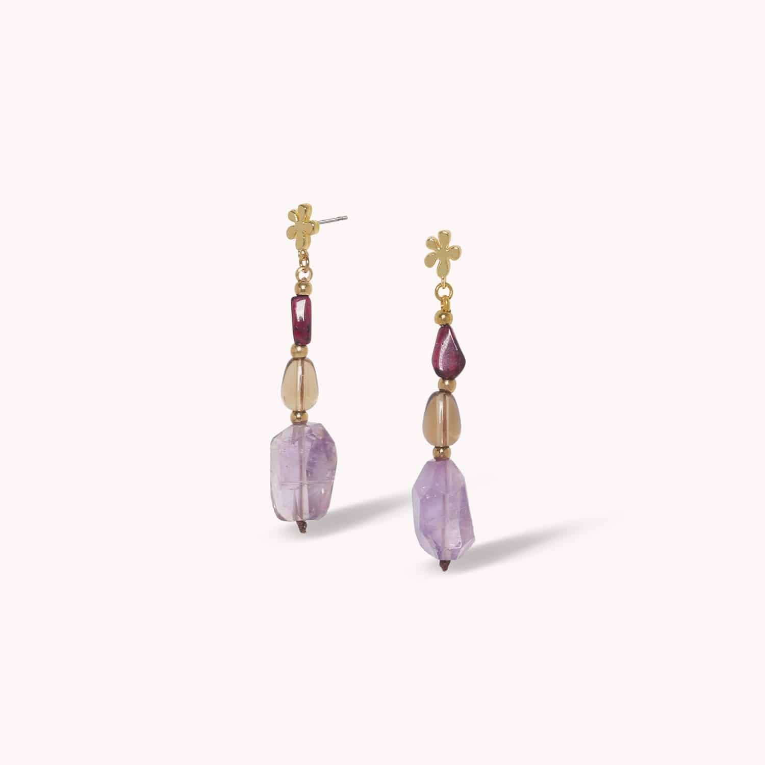 Boucles d\'oreilles poussoir 3 perles améthyste - Belle de Nuit