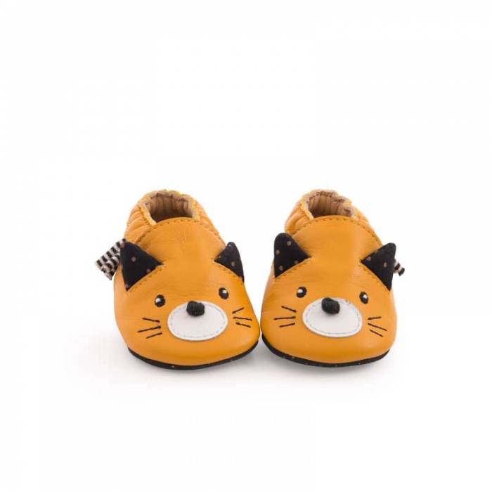 Chaussons cuir chat moutarde Les Moustaches - Moulin Roty
