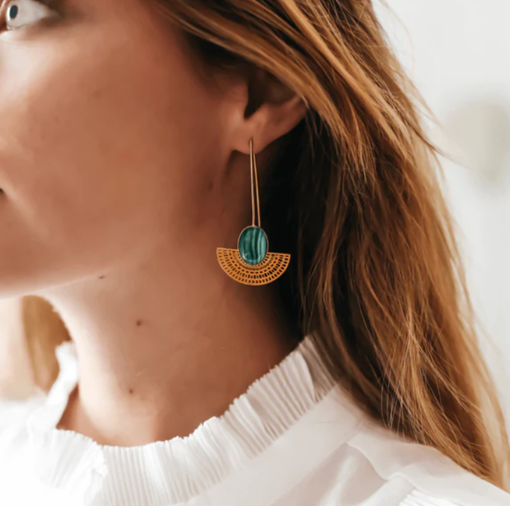 Boucles d\'oreilles Aztèque Longues Malachite