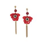 Boucles d'oreilles poussoir Scarlet anémone rouge, pompon et chaînes, Franck Herval