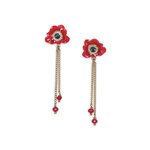 Boucles d'oreilles poussoir Scarlet anémone rouge et 2 chaînes, Franck Herval