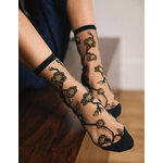Chaussettes transparentes Blomst Gold à fleurs noires et paillettes dorées, Atelier St Eustache