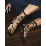 Chaussettes transparentes Blomst Gold, fleurs noires sur voile, photo 3