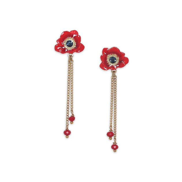 Boucles d'oreilles poussoir Scarlet anémone rouge et 2 chaînes, Franck Herval