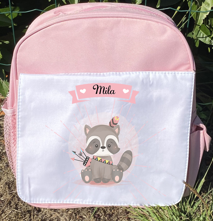 sac a dos personnalisé rose raton laveur