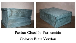 patine chaulée Patinesbio coloris bleu verdon sur boiseries brutes