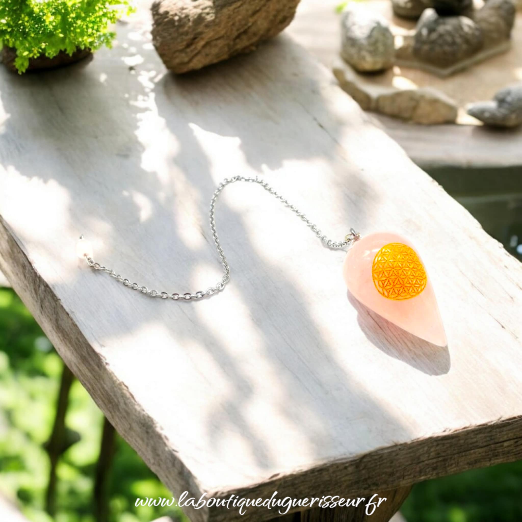 Pendule Gravé Fleur de Vie - Quartz Rose