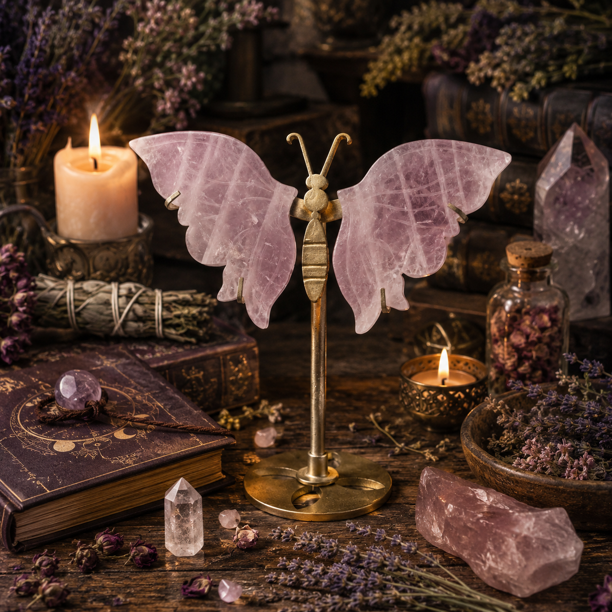 Papillon Lithothérapie en Quartz Rose sur Socle Doré – 14 cm