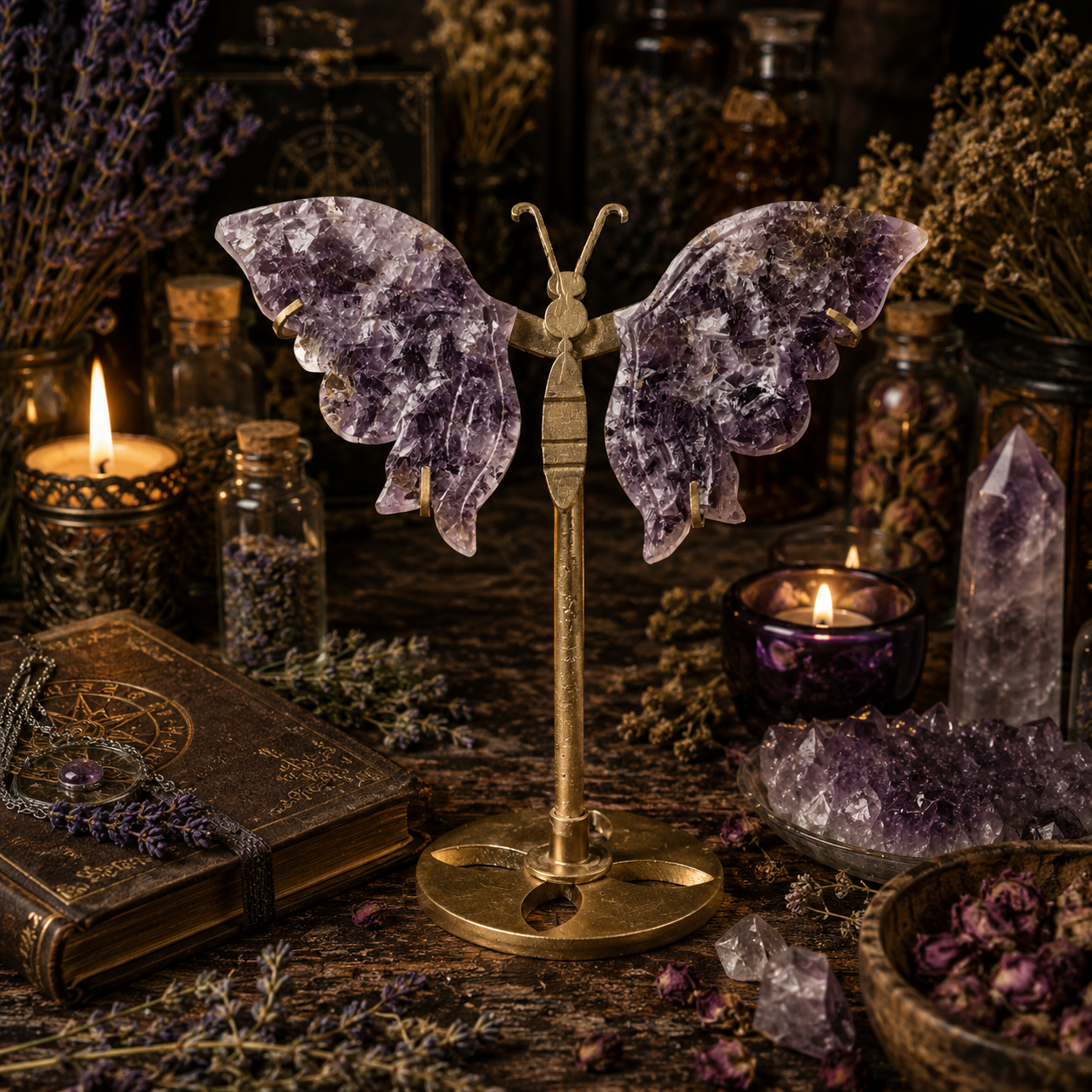 Papillon Lithothérapie en Lépidolite sur Socle Doré – 14 cm