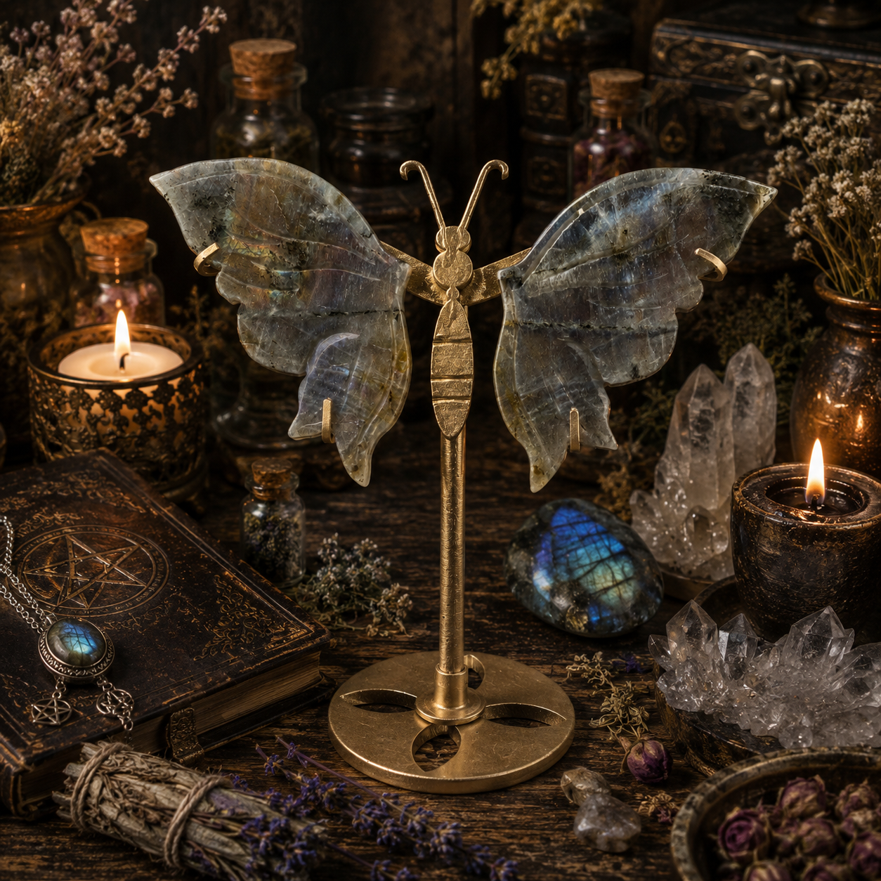 Papillon Lithothérapie en Labradorite sur Socle Doré – 14 cm
