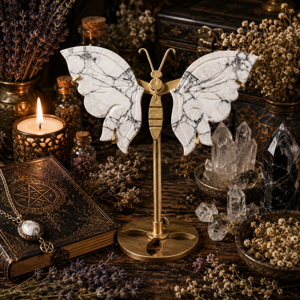 Papillon Lithothérapie en Howlite sur Socle Doré – 14 cm