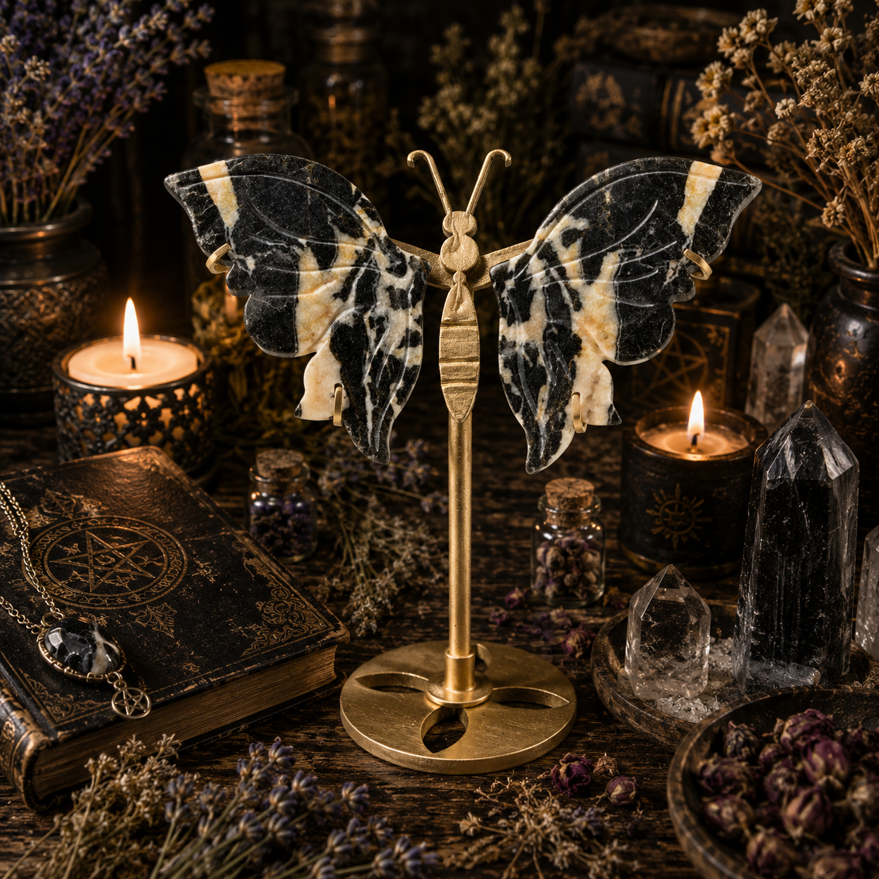 Papillon Lithothérapie en Jaspe Zèbre sur Socle Doré – 14 cm