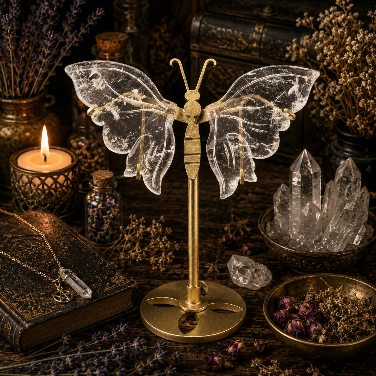 Papillon Lithothérapie en Cristal de Roche sur Socle Doré – 14 cm