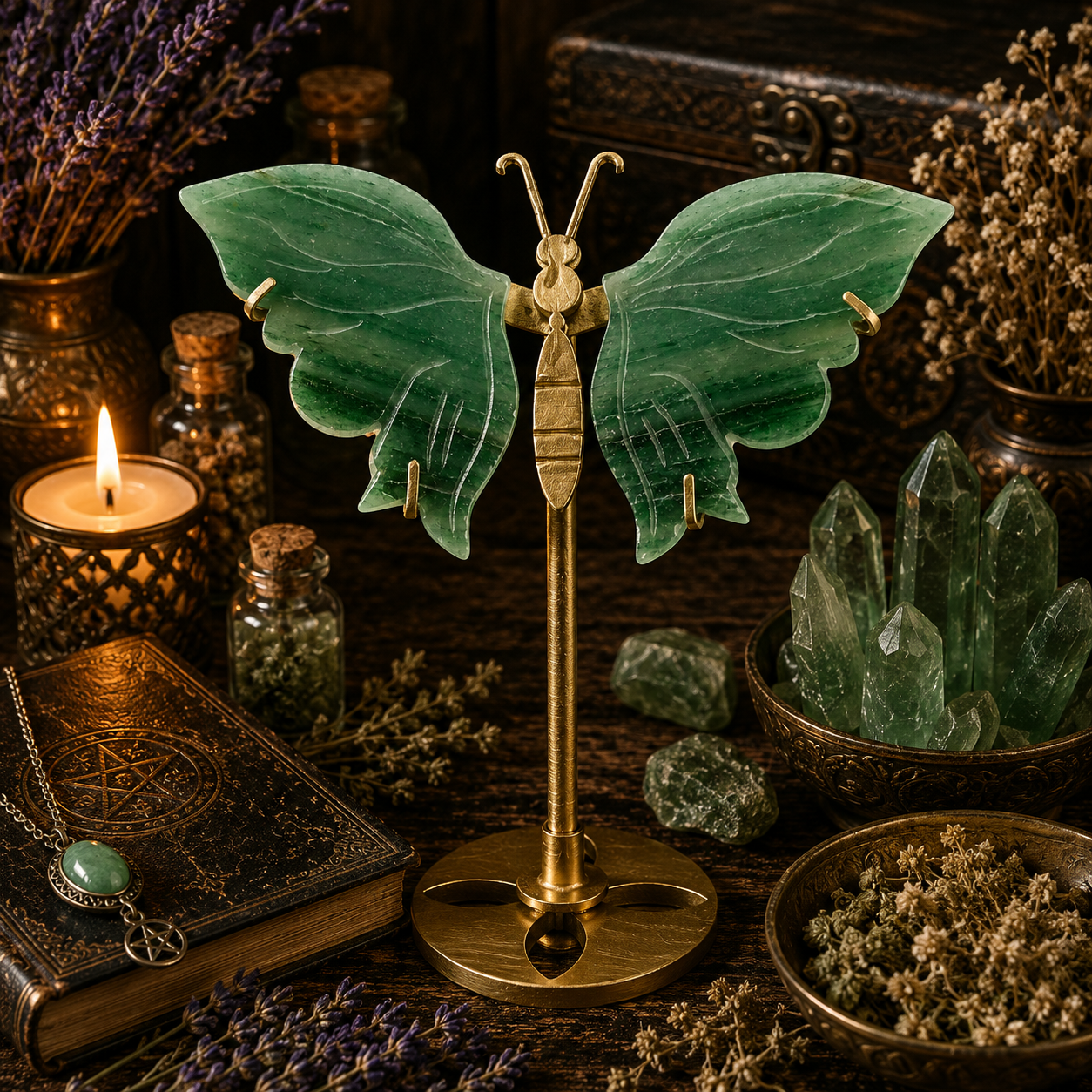Papillon Lithothérapie en Aventurine Verte sur Socle Doré – 14 cm