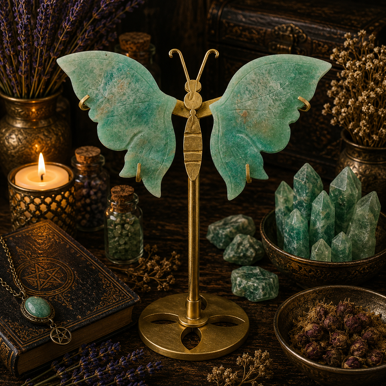 Papillon Lithothérapie en Amazonite sur Socle Doré – 14 cm