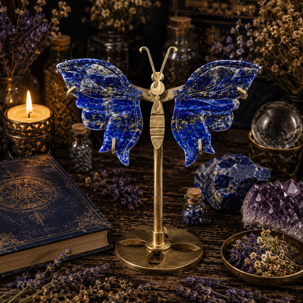 Papillon Lithothérapie en Lapis Lazuli sur Socle Doré – 14 cm