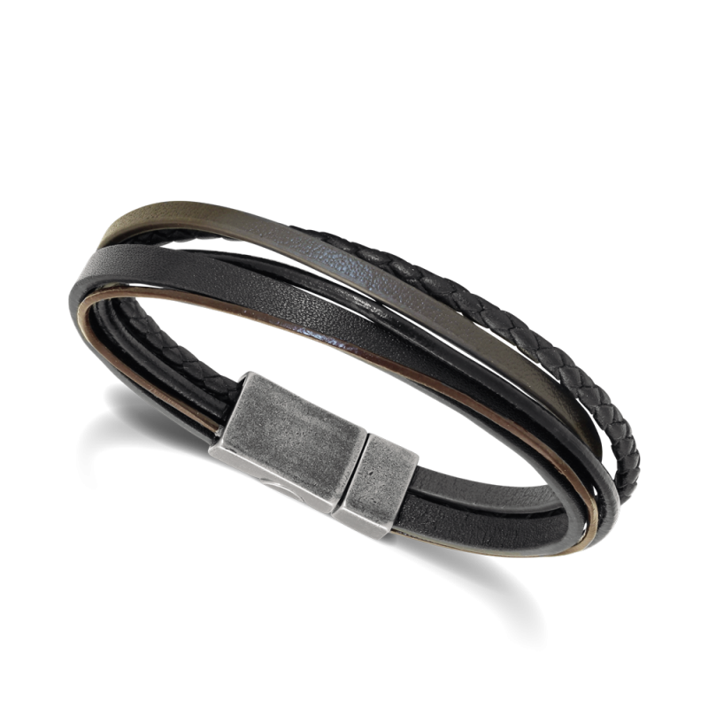 B39015011 bracelet-arizona-15mm-acier-gun-5-x-liens-cuir-marron-noir