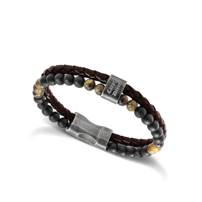 HB562203 bracelet-karma-22cm-cuir-tresse-marron-oeil-de-tigre-et-agates-noires