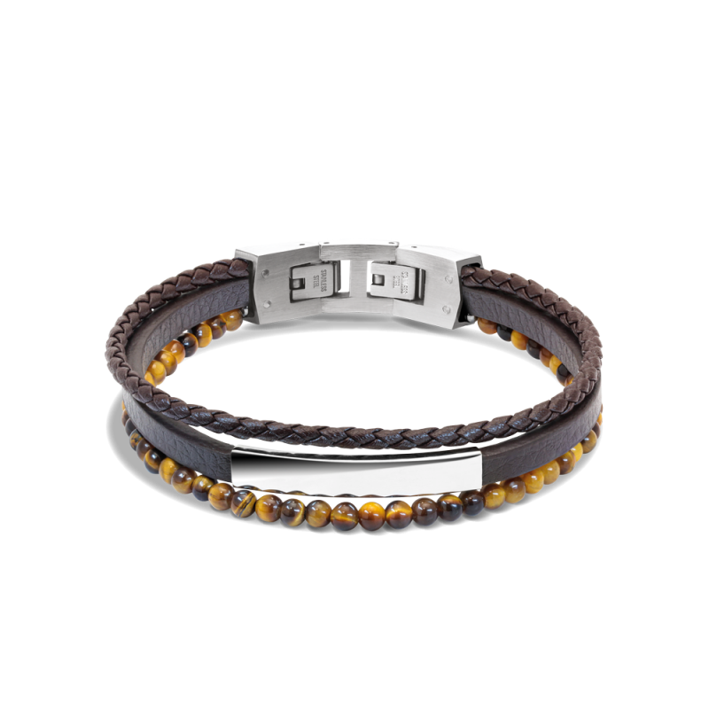 HB6603-2 bracelet-yale-acier-et-cuir-plat-marron-5mm-cuir-tresse-marron-3mm