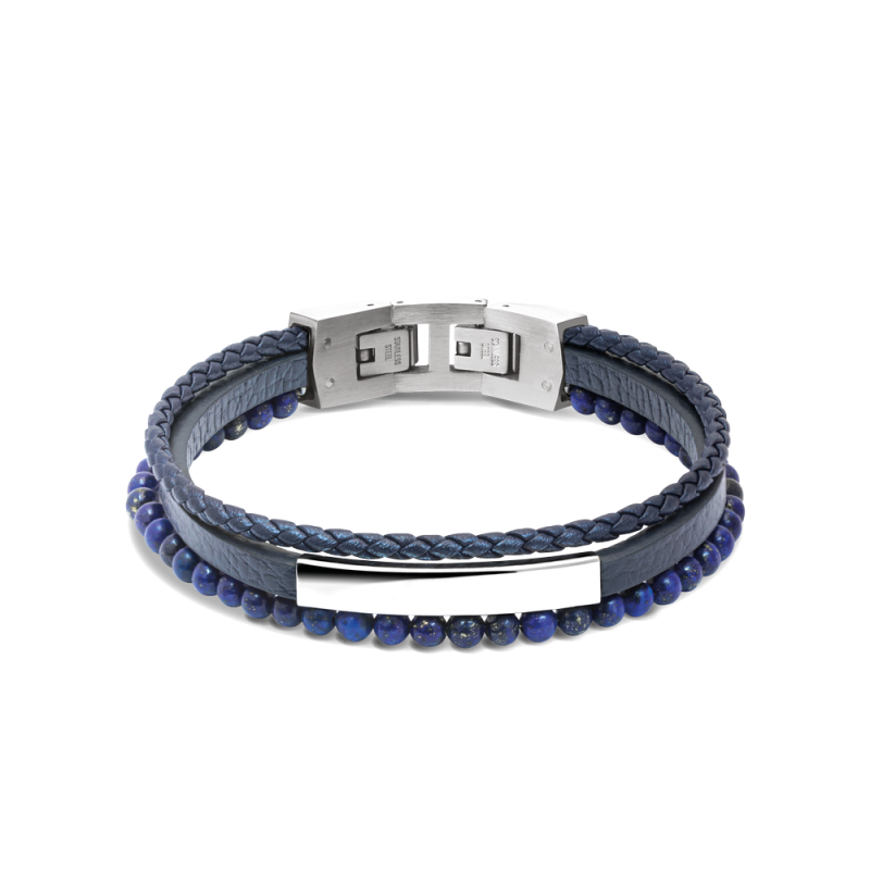 HB6612-2 bracelet-yale-acier-et-cuir-plat-bleu-5mm-cuir-tresse-bleu-3mm