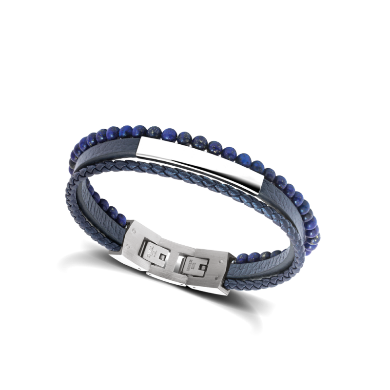 HB6612-1 bracelet-yale-acier-et-cuir-plat-bleu-5mm-cuir-tresse-bleu-3mm