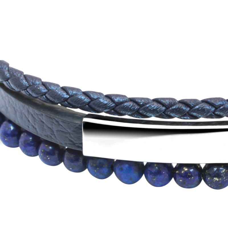 HB6612-3 bracelet-yale-acier-et-cuir-plat-bleu-5mm-cuir-tresse-bleu-3mm