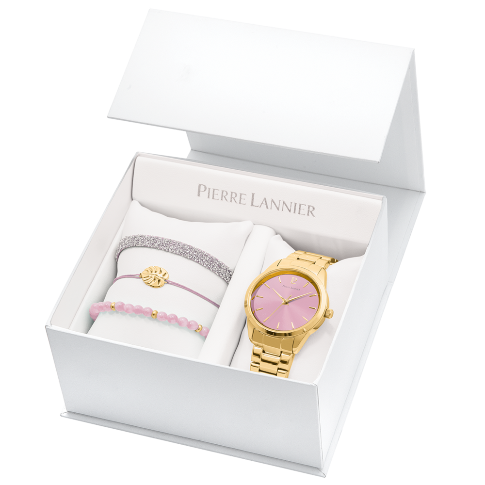 Coffret Femme ROXANE Cadran Rose Bracelet Acier Doré