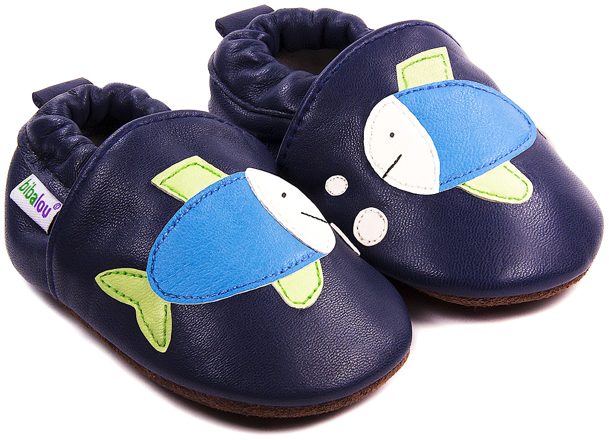 Chaussons cuir bébé Carozoo Dinosaure fond bleu pour enfant et bébé