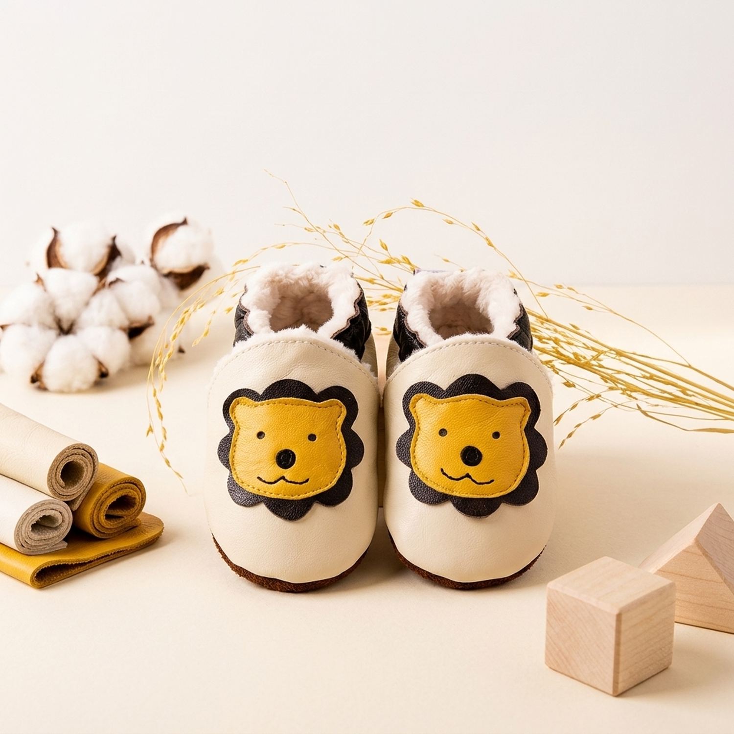 chaussons-bebe-cuir-souple-fourres-leon-le-lion-beige-mise-en-scene-atelier-2