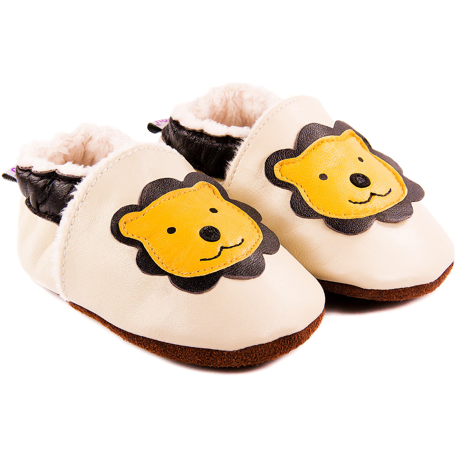 Chaussons bébé fourrés en cuir Léon le Lion - beige