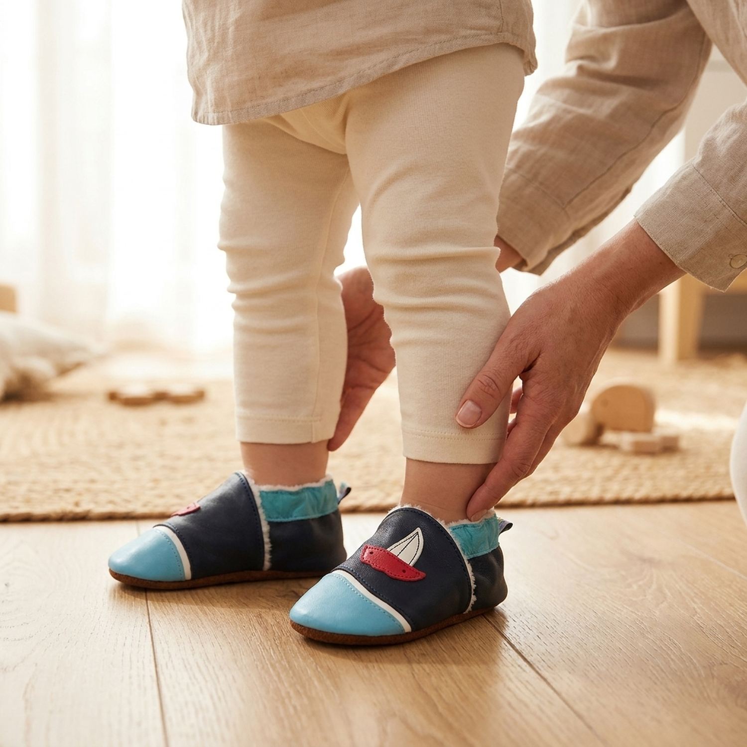 chaussons-bebe-cuir-souple-fourres-larguez-les-amarres-bleu-avec-adulte-5