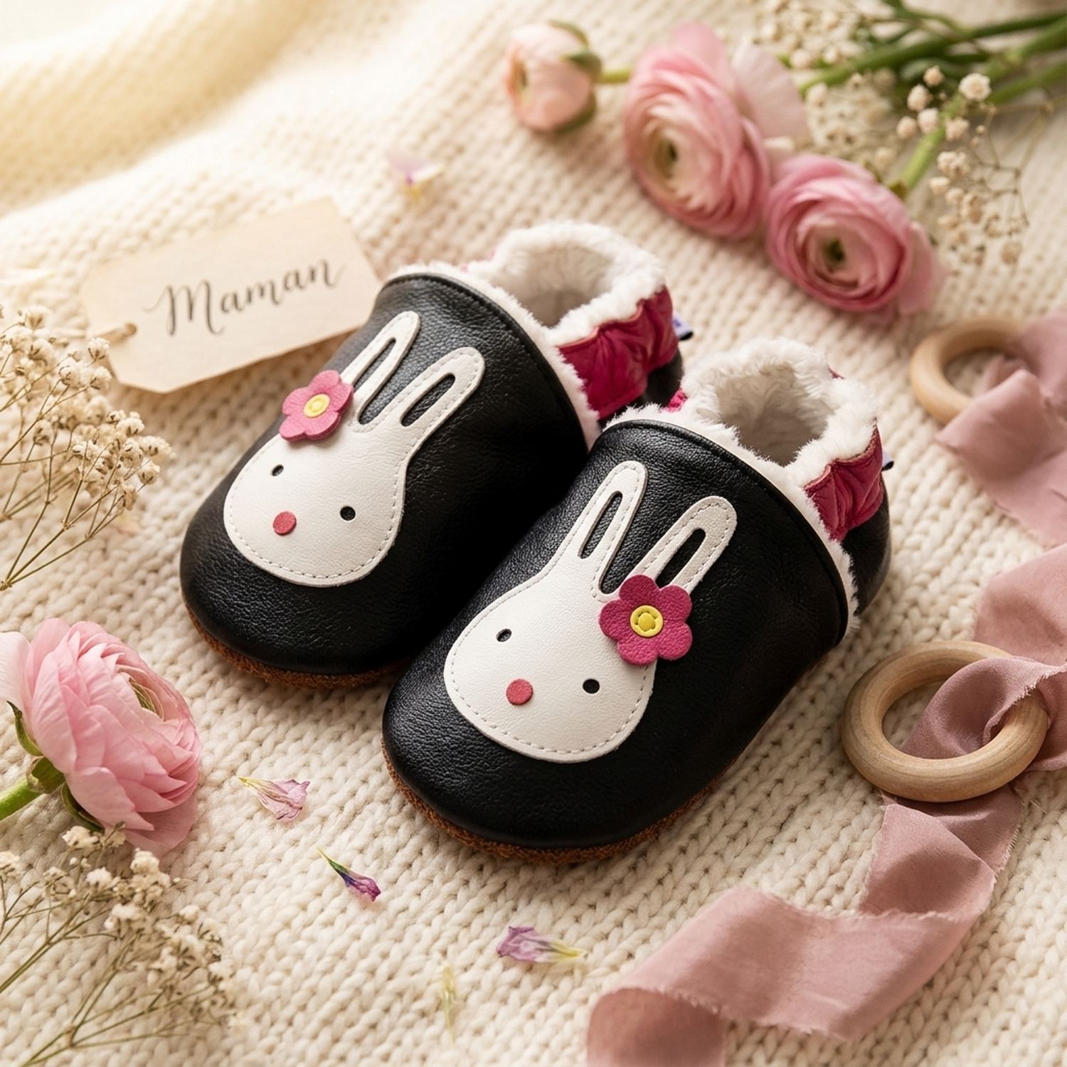 chaussons-bebe-cuir-souple-fourres-lapin-coquin-mise-en-scene-fete-des-meres-3
