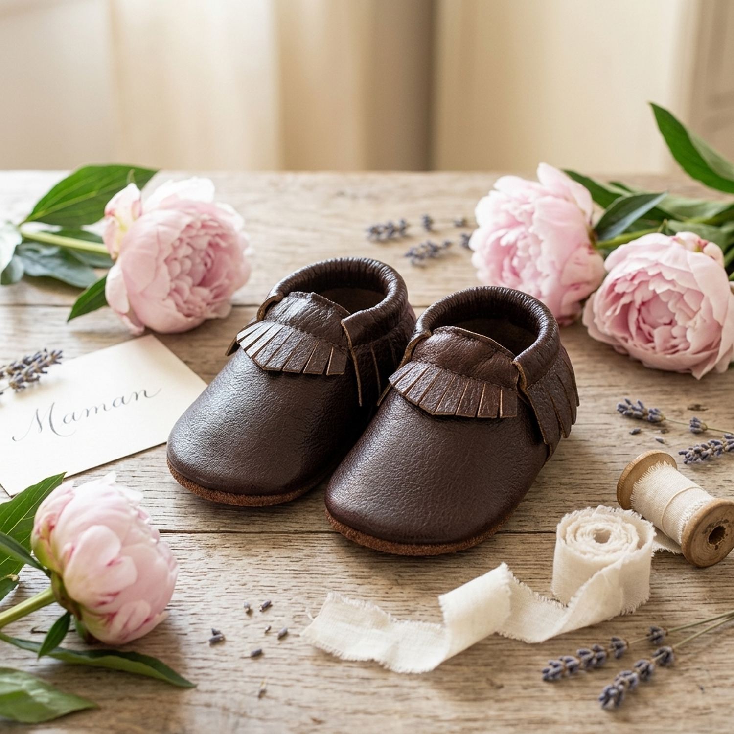 chaussons-bebe-cuir-souple-a-franges-chocolat-mise-en-scene-fete-des-meres-6