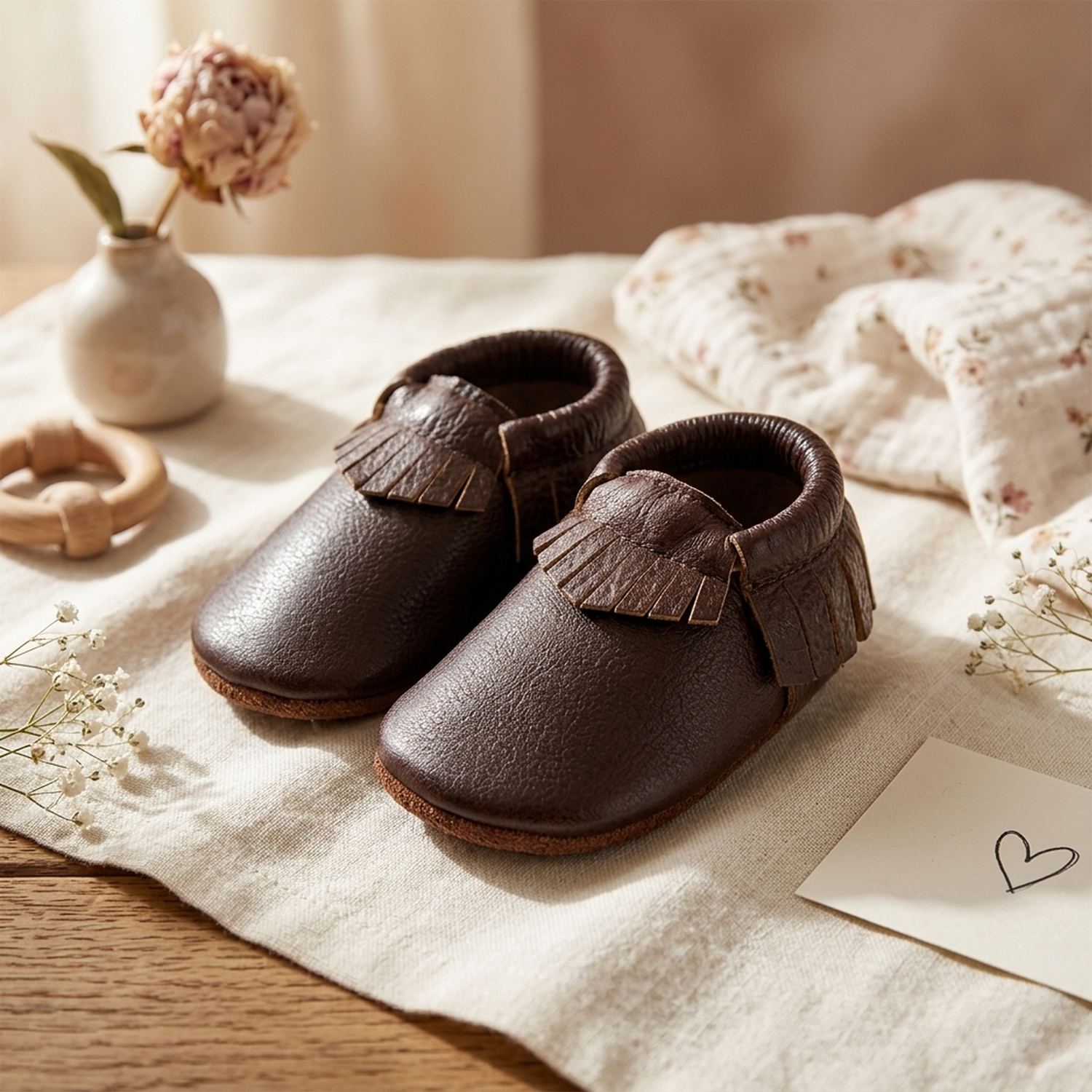 chaussons-bebe-cuir-souple-a-franges-chocolat-mise-en-scene-fleurs-2