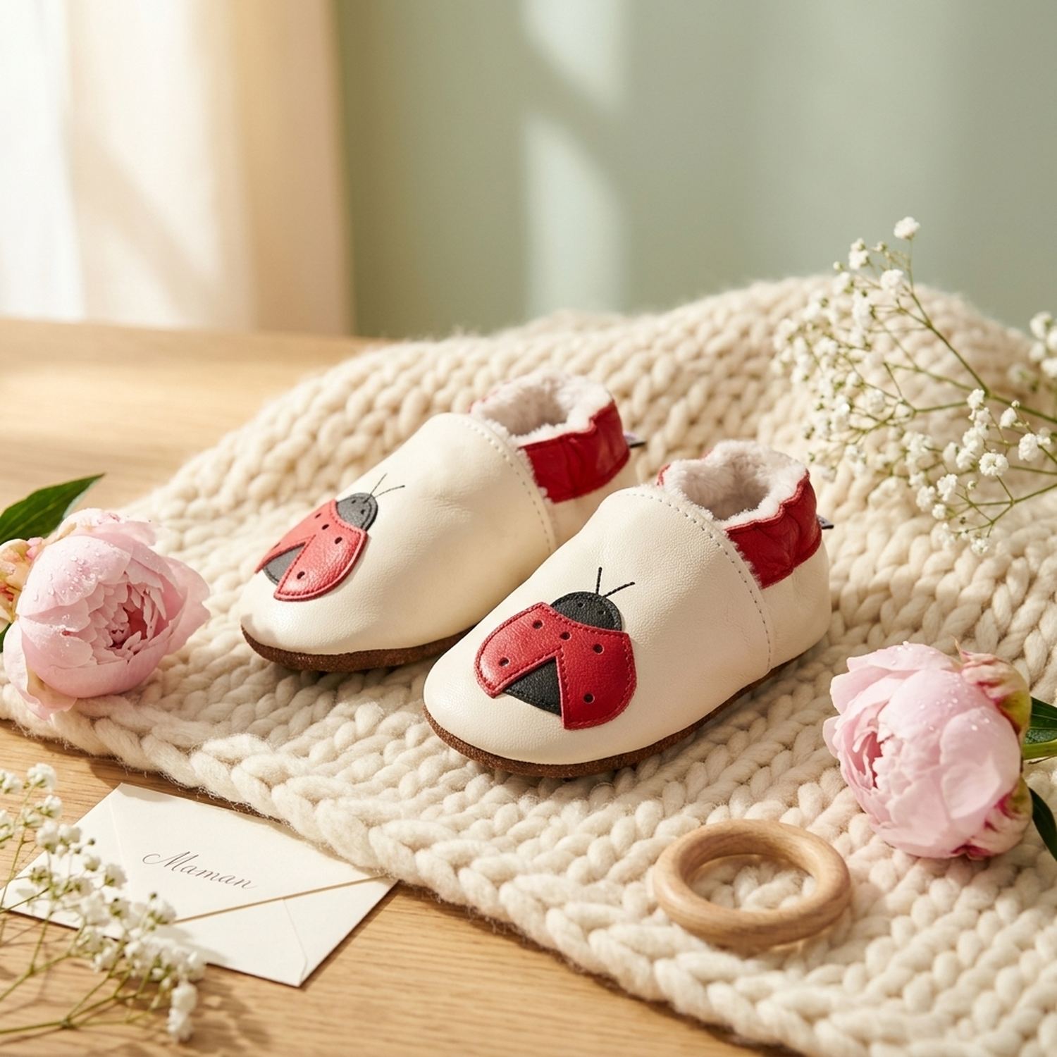 chaussons-bebe-cuir-souple-fourres-coccinelle-mise-en-scene-fete-des-meres-5