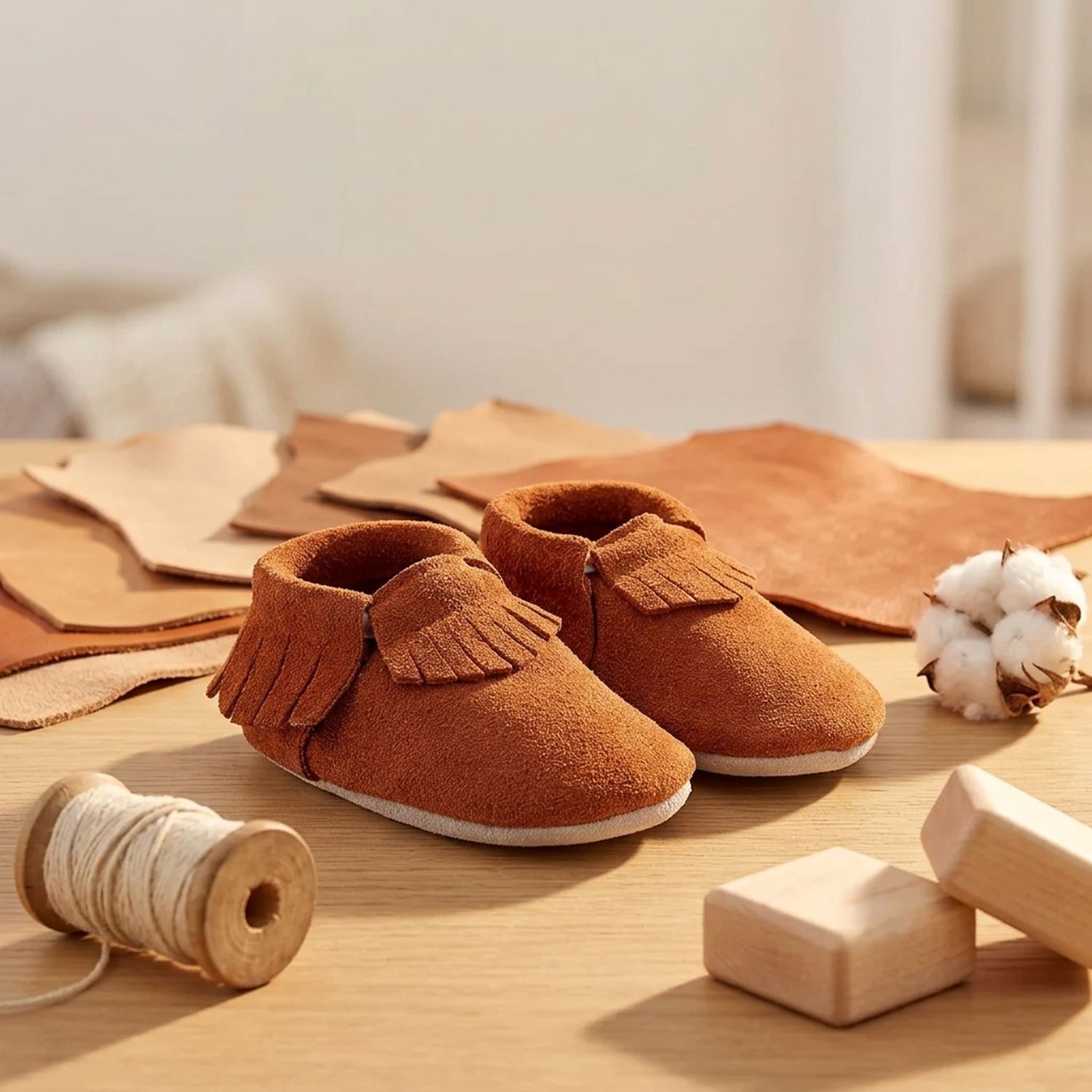 chaussons-bebe-cuir-souple-a-franges-nubuck-brun-mise-en-scene-atelier-4