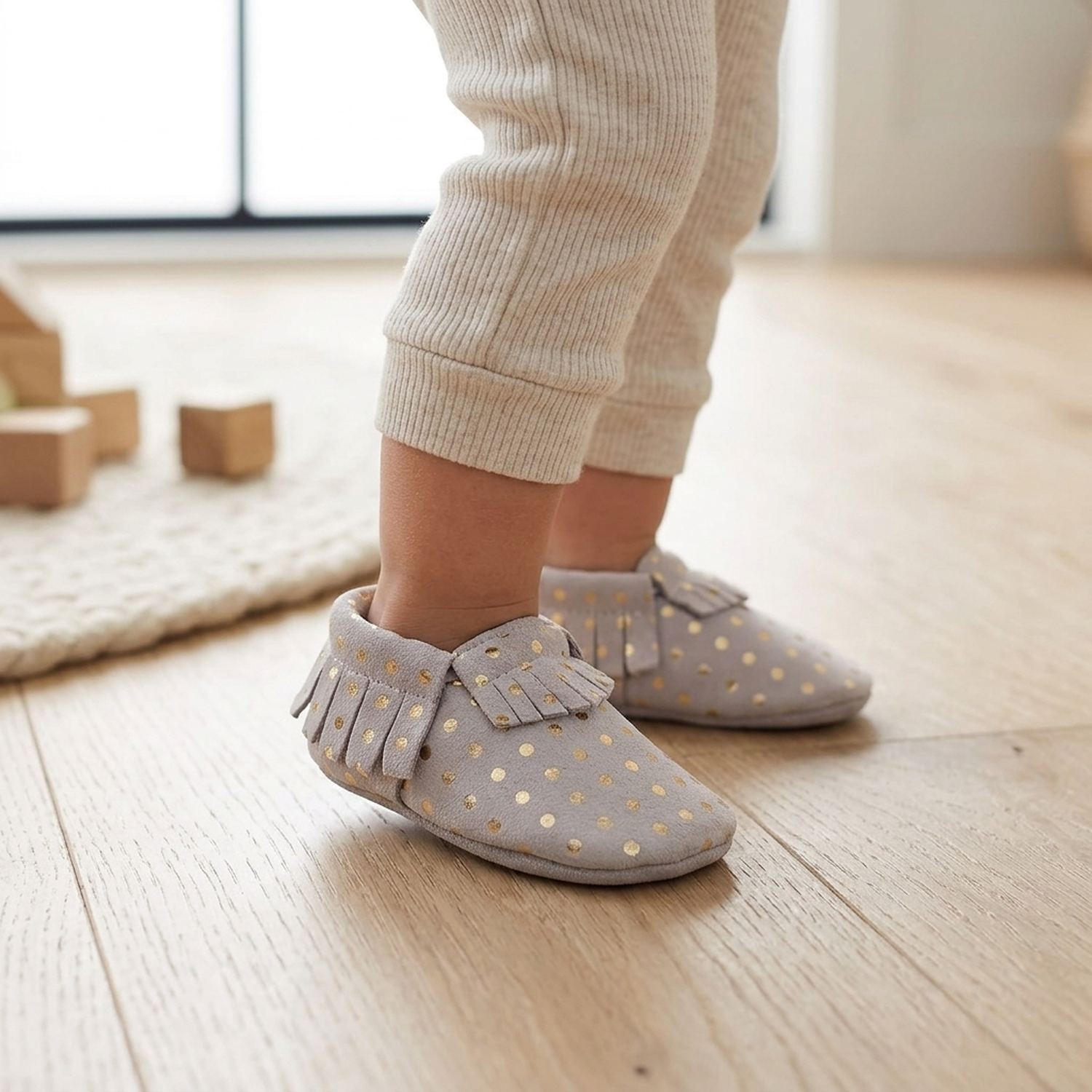 chaussons-bebe-cuir-souple-a-franges-pois-dores-portee-bebe-2