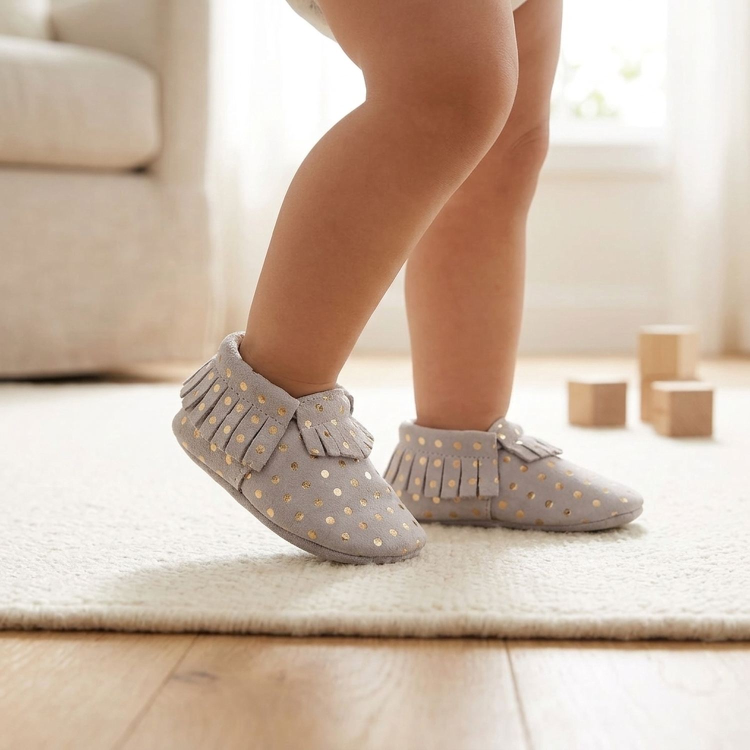 chaussons-bebe-cuir-souple-a-franges-pois-dores-portee-bebe-4