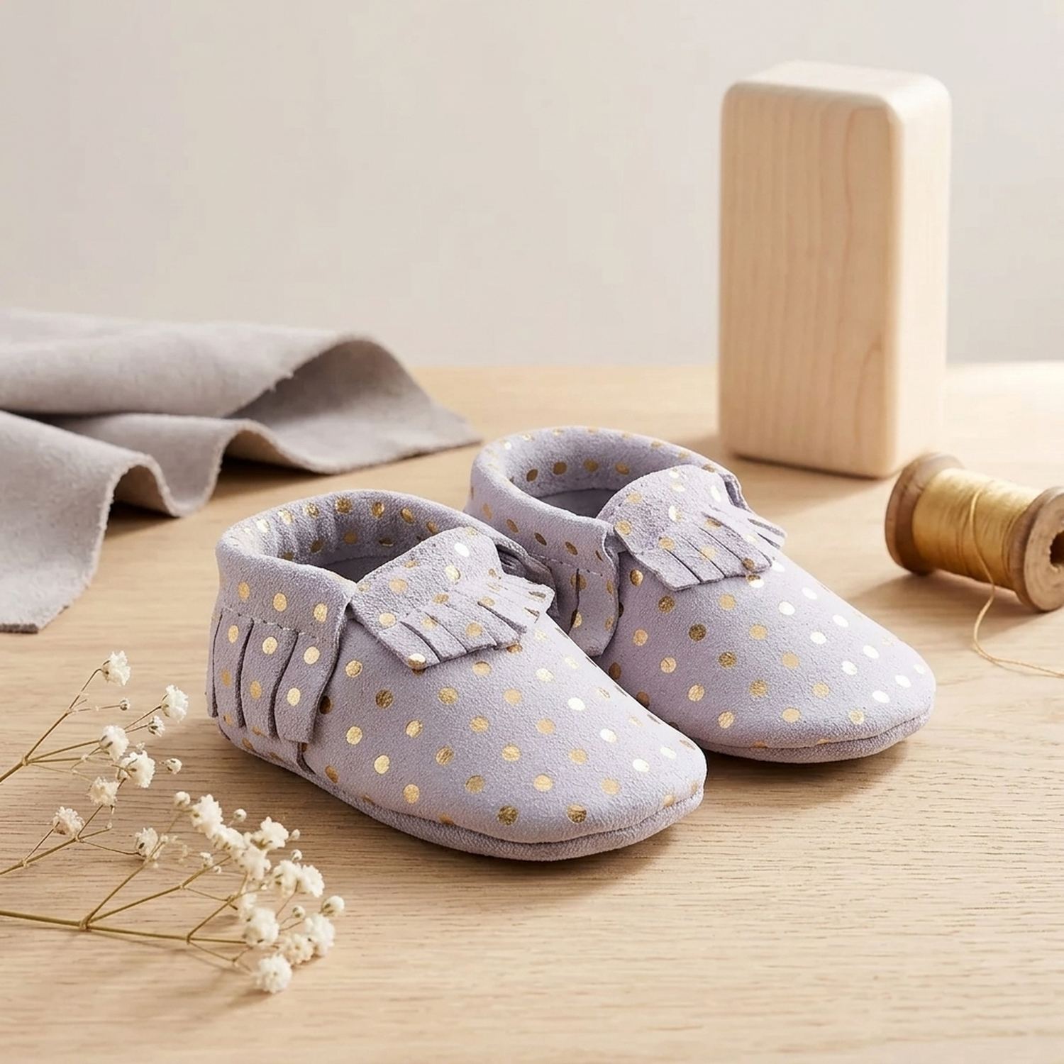 chaussons-bebe-cuir-souple-a-franges-pois-dores-vue-3-4-face-5