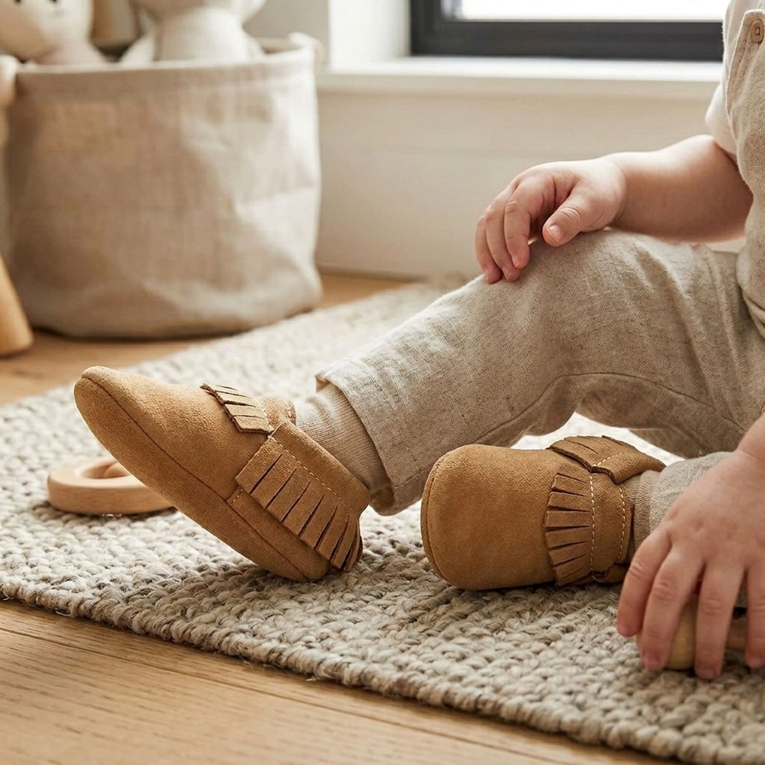 chaussons-bebe-cuir-souple-a-franges-nubuck-camel-portee-bebe-2