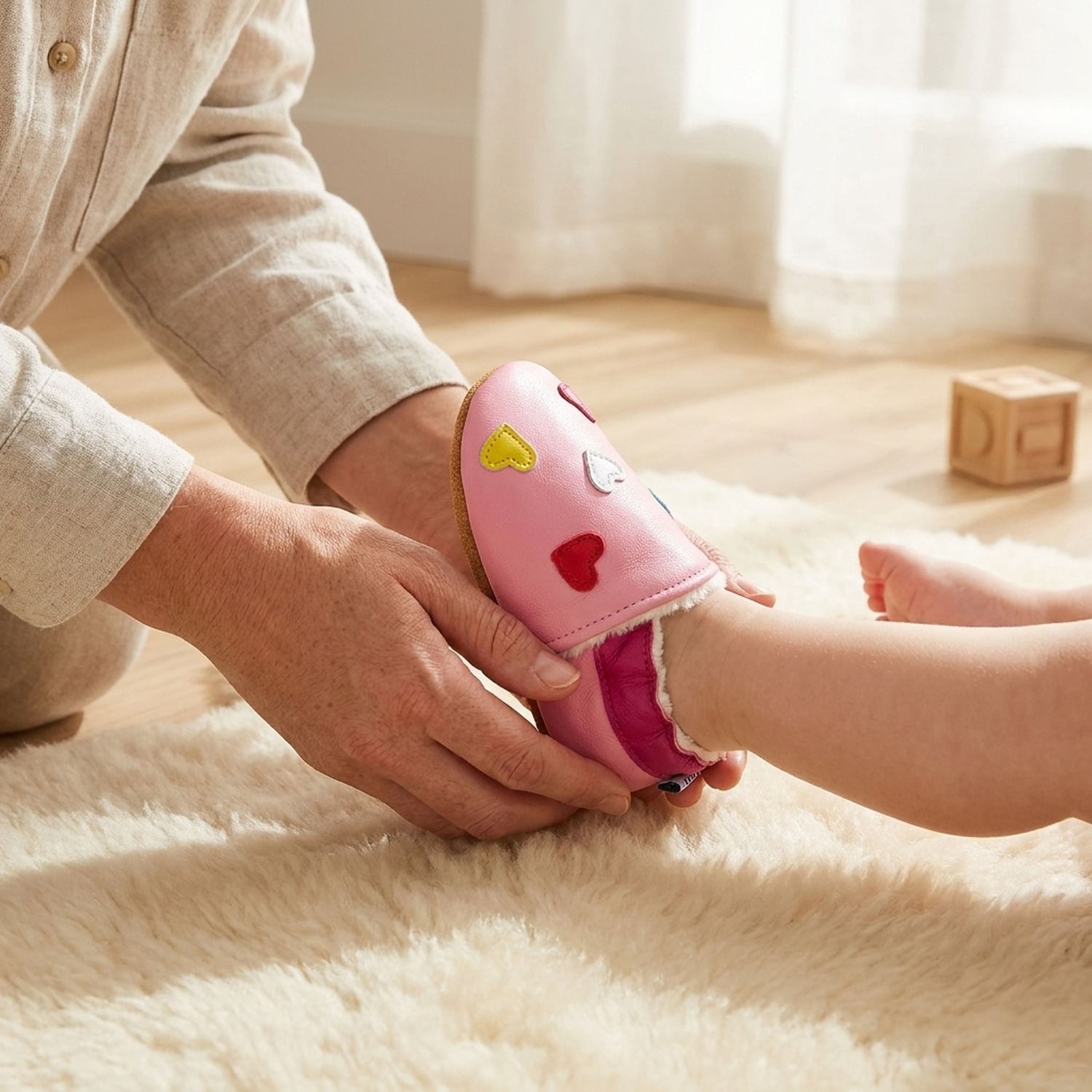 chaussons-bebe-cuir-souple-fourres-mini-coeurs-avec-adulte-5