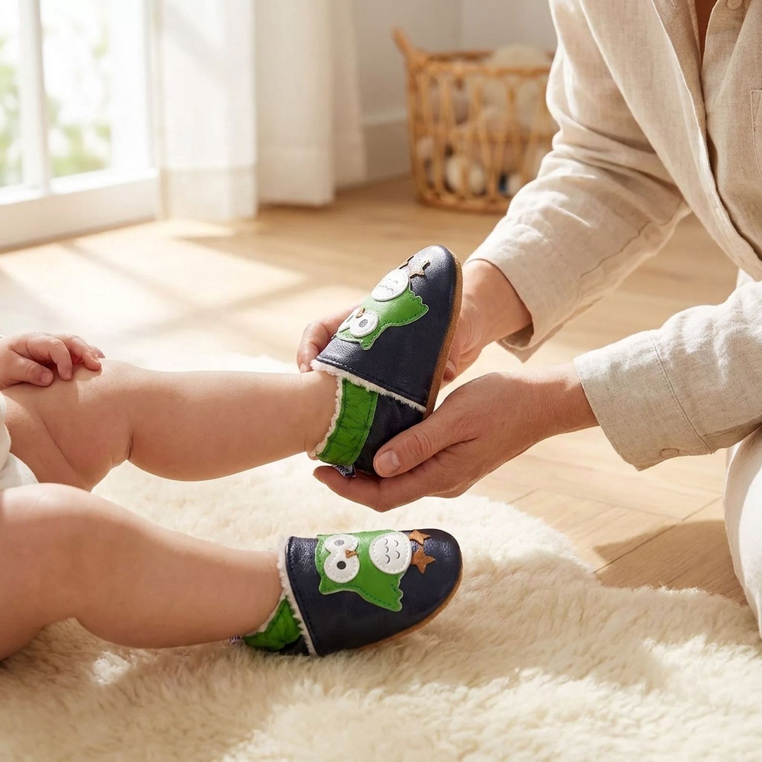 chaussons-bebe-cuir-souple-fourres-bibalou-le-hibou-avec-adulte-4
