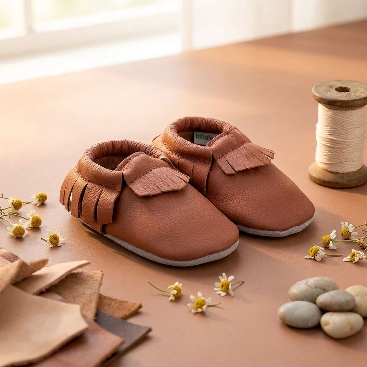 chaussons-bebe-cuir-souple-a-franges-uni-brun-vue-3-4-face-3