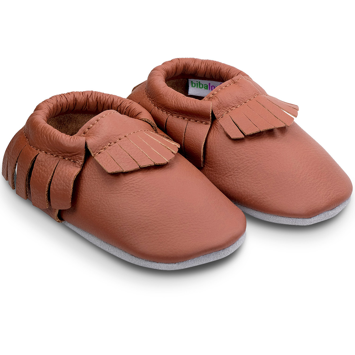 Chaussons à franges en cuir souple Uni Brun