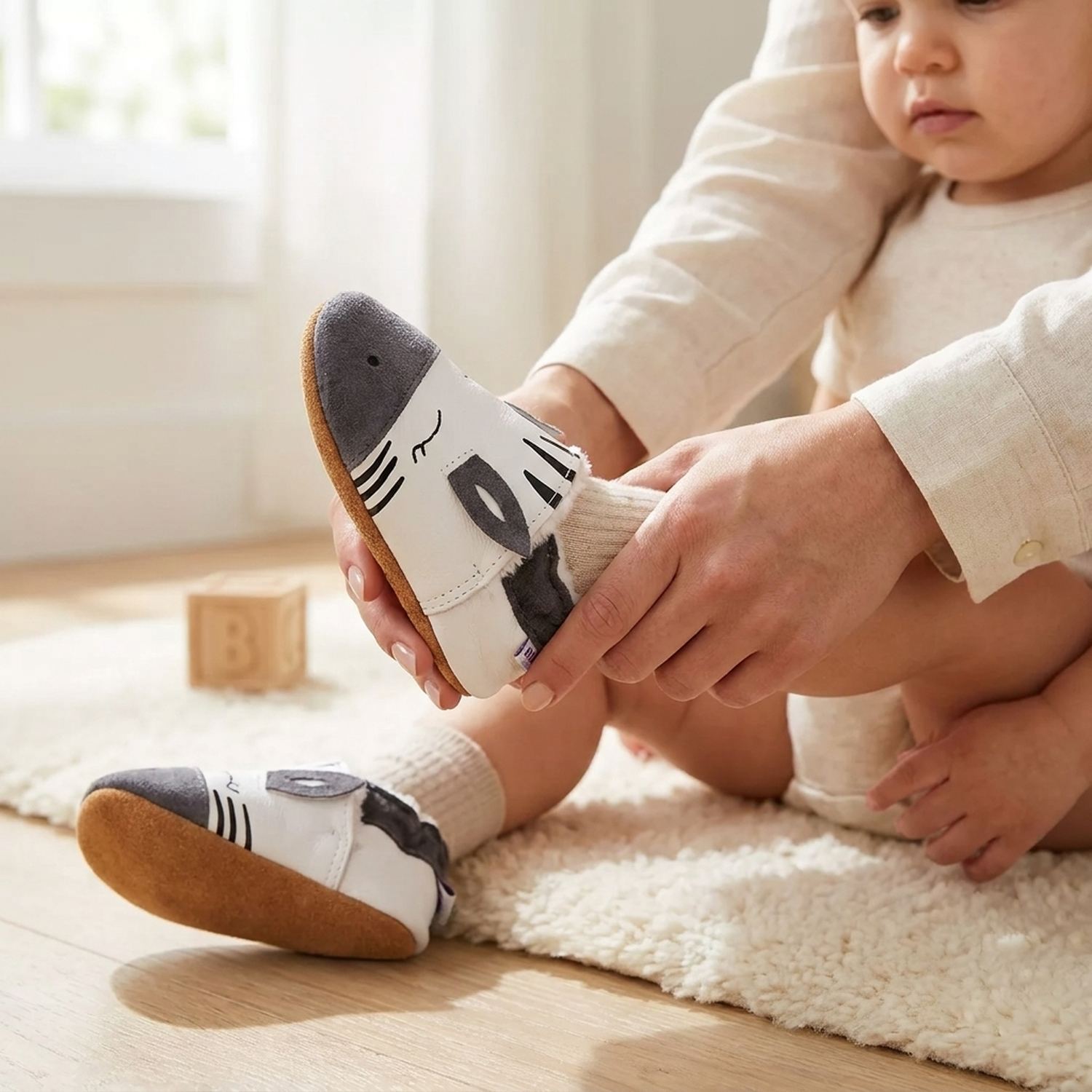 chaussons-bebe-cuir-souple-fourres-eugene-le-zebre-avec-adulte-6