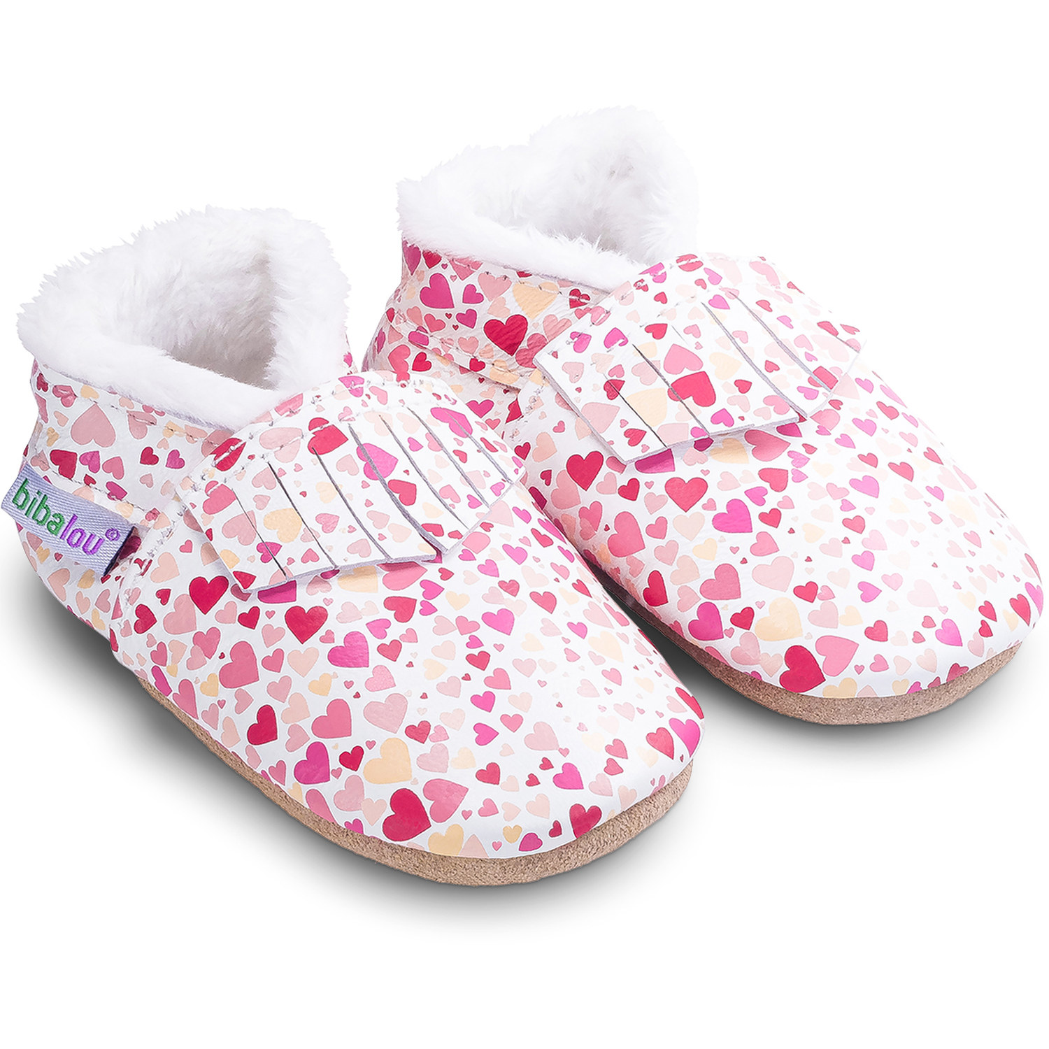 Chaussons fourrés en cuir souple Imprimé coeurs