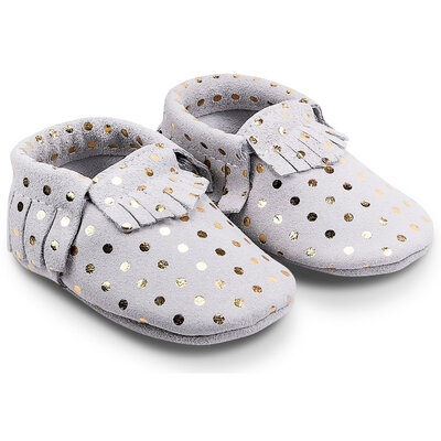 Chaussons en cuir à franges pour bébé : Modèle Pois dorés
