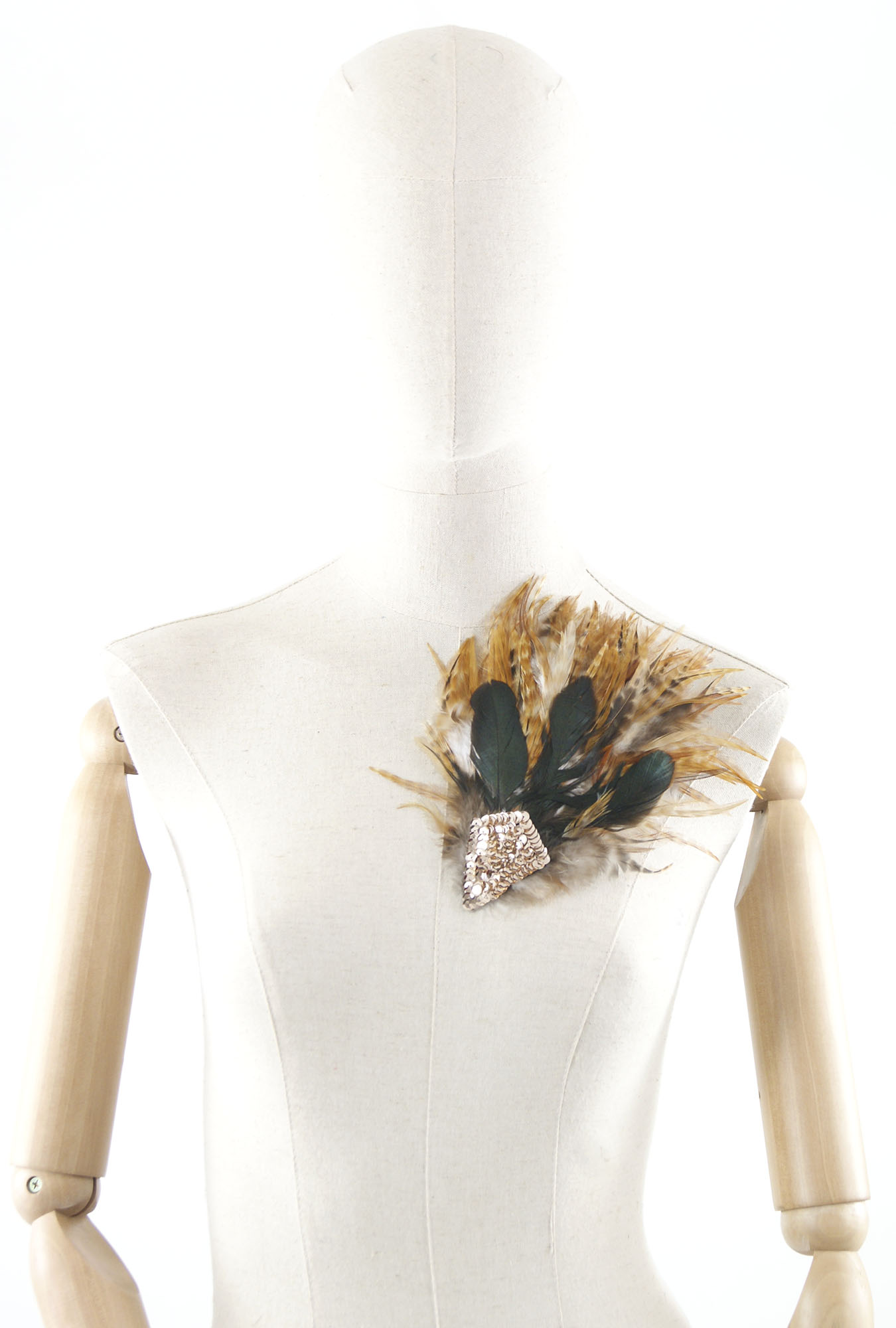 broche plume coq strass dore
