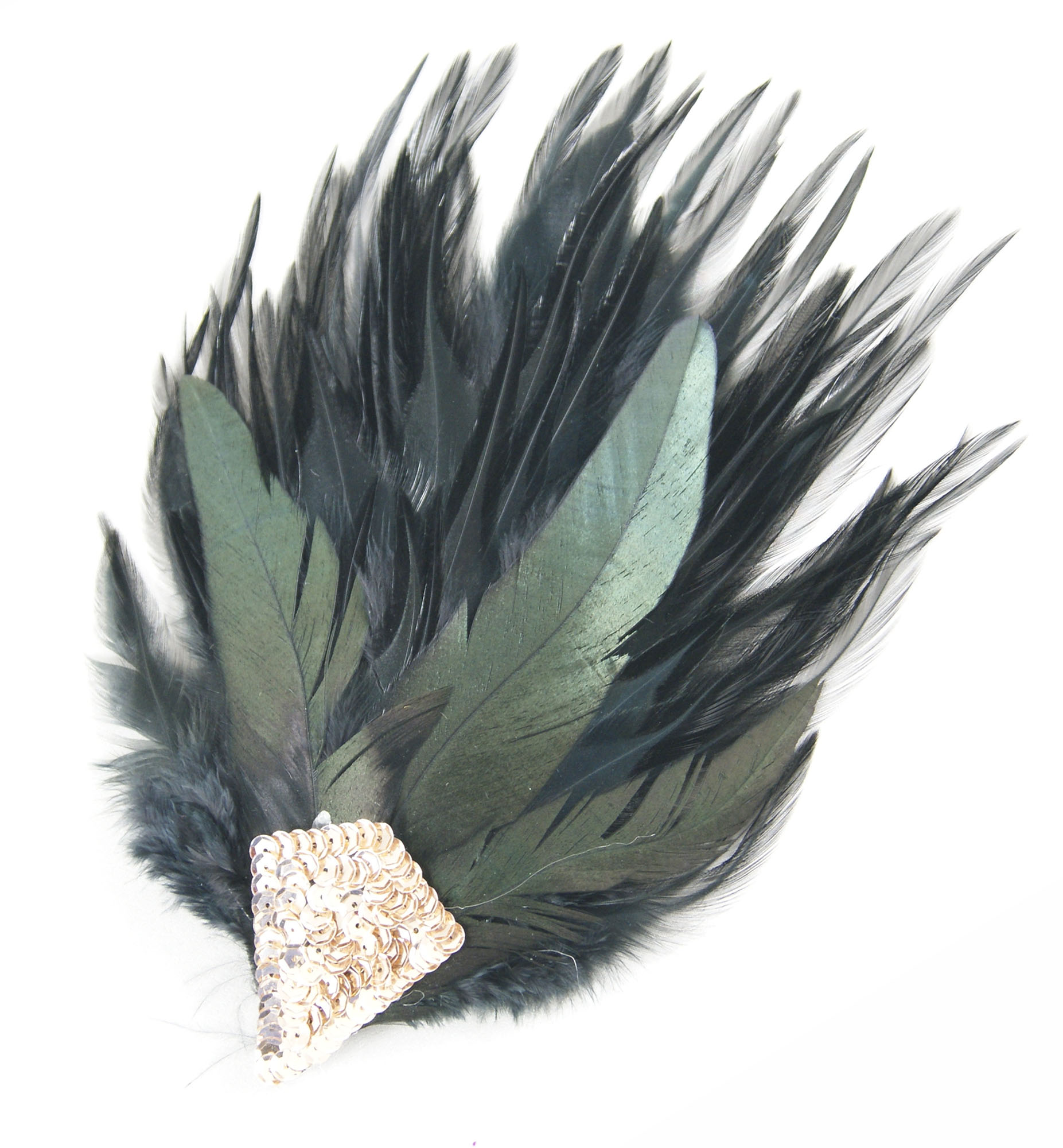 broche vintage plume coq perle dore noir